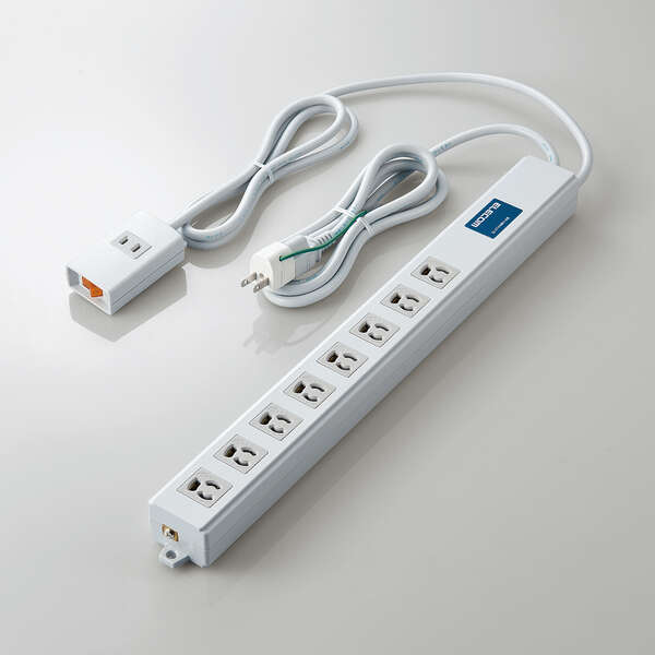 法人用タップ/ロング型/3P8口/2P1口/2m/抜け止め/手元一括スイッチ/雷ガード/ノイズフィルター/RoHS指令準拠/ライトグレー