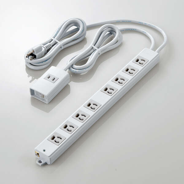 法人用タップ/ロング型/3P8口/2P1口/2m/抜け止め/手元一括スイッチ/RoHS指令準拠/ライトグレー