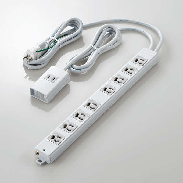 法人用タップ/ロング型/3P8口/2P1口/2m/抜け止め/手元一括スイッチ/RoHS指令準拠/ライトグレー