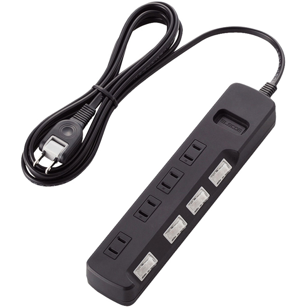 雷ガードタップ/個別スイッチ/4個口/2.5m/ブラック