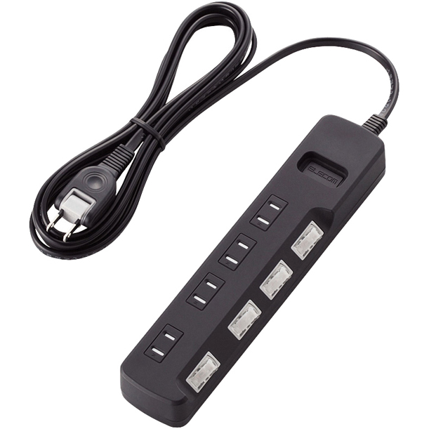 雷ガードタップ/個別スイッチ/ほこり防止シャッター付/4個口/2.5m/ブラック