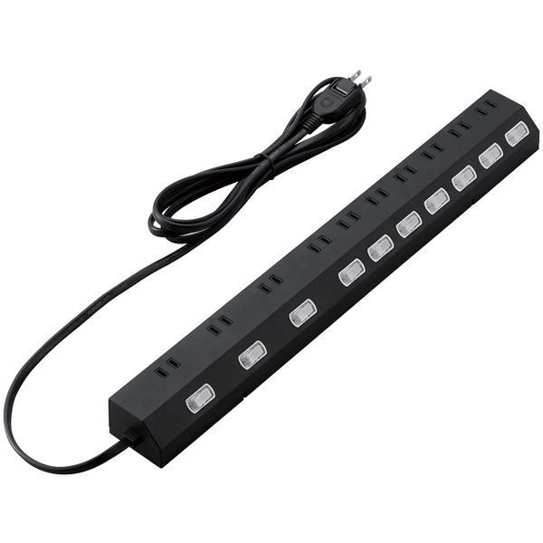 雷ガードタップ/個別スイッチ/ホコリ防止シャッター付き/回転脚付き/固定＆吊下可能/10個口/2.5m/ブラック