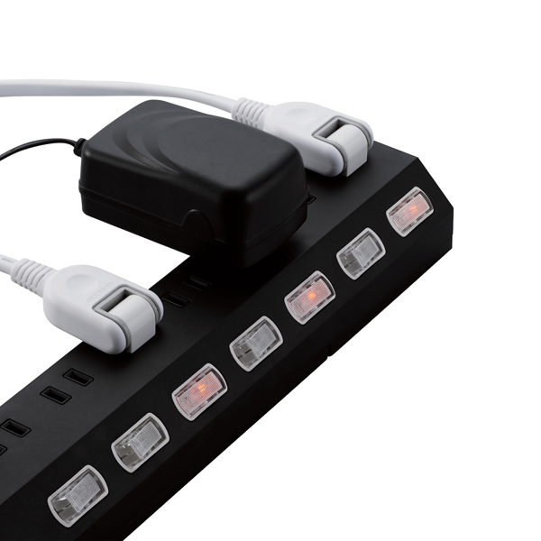 雷ガードタップ/個別スイッチ/ホコリ防止シャッター付き/回転脚付き/固定＆吊下可能/10個口/2.5m/ブラック