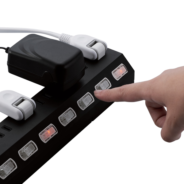 雷ガードタップ/個別スイッチ/ホコリ防止シャッター付き/回転脚付き/固定＆吊下可能/10個口/2.5m/ブラック