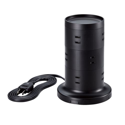 タワー型タップ/ホコリ防止シャッター付/雷ガード/固定可能/AC差込12口/2m/ブラック