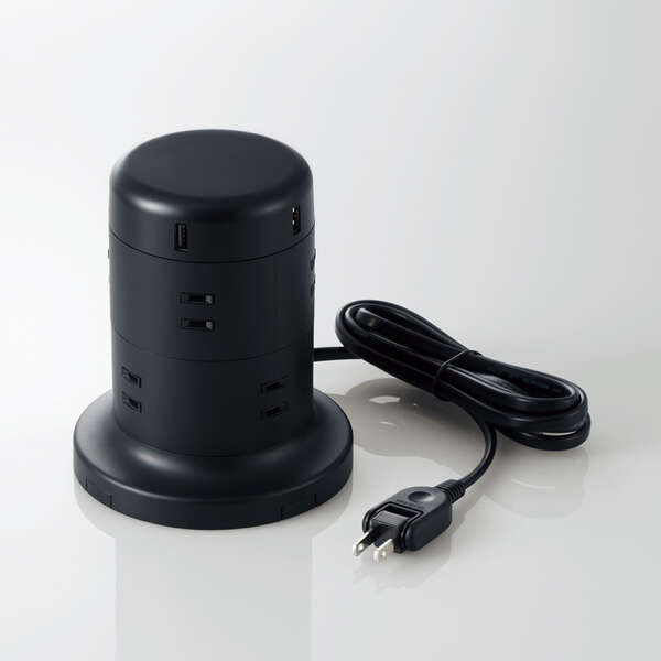 タワー型タップ/8個口/雷サージ付/ホコリ防止シャッター付/固定可能/5ポート合計出力4.8A/2.0m/ブラック