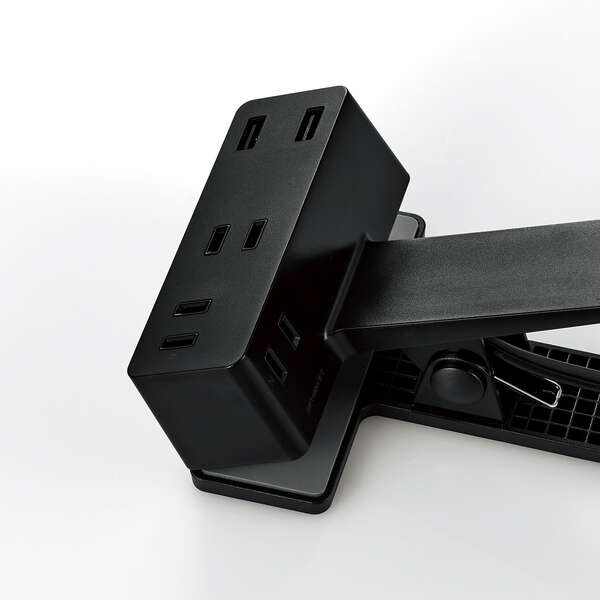 USBクリップタップ/雷サージ付/ホコリシャッター付/3個口/スイングプラグ/USB-A×2/2.4A/2.5m/ブラック