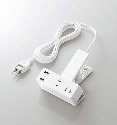 USBクリップタップ/雷サージ付/ホコリシャッター付/3個口/スイングプラグ/USB-A×2/2.4A/2.5m/ホワイト