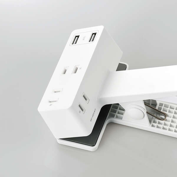 USBクリップタップ/雷サージ付/ホコリシャッター付/3個口/スイングプラグ/USB-A×2/2.4A/2.5m/ホワイト