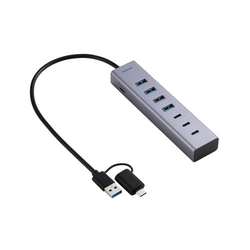 USB HUB/Type-C変換アダプタ付き/5Gpbs/USB-A×4/Type-C×3/バスパワー・セルフパワー/7ポート/シルバー