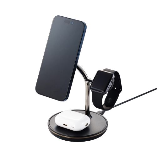 マグネットQi2規格対応ワイヤレス充電器/スタンド型/3in1/Apple Watch高速モジュール付き/MfA認証/ブラック