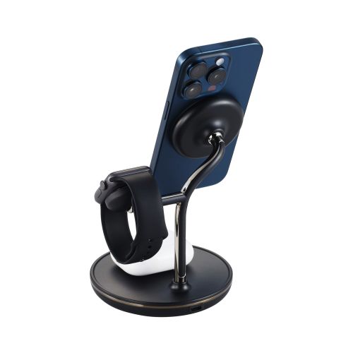 マグネットQi2規格対応ワイヤレス充電器/スタンド型/3in1/Apple Watch高速モジュール付き/MfA認証/ブラック