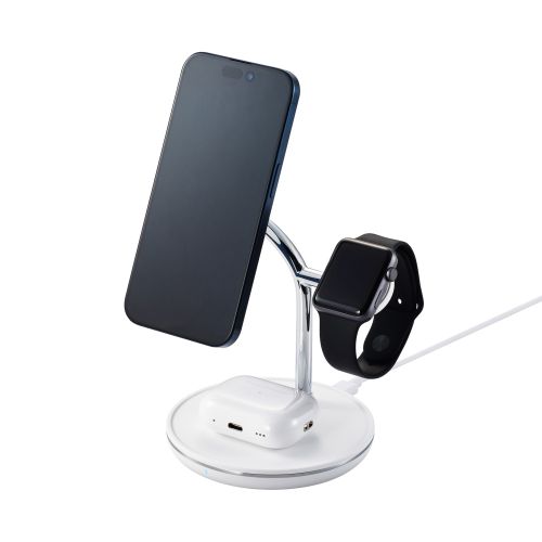 マグネットQi2規格対応ワイヤレス充電器/スタンド型/3in1/Apple Watch高速モジュール付き/MfA認証/ホワイト