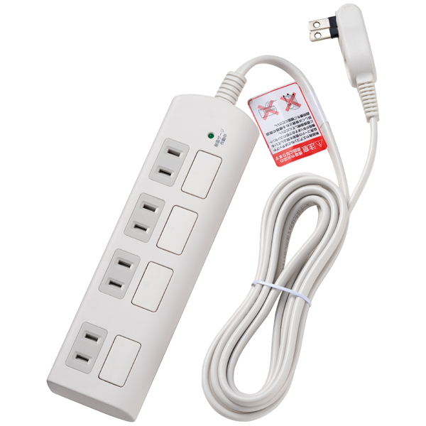 耐雷フラットスイッチ付タップ 4個口 2m ホワイト