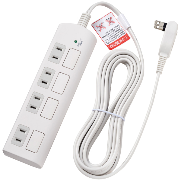 耐雷フラットスイッチ付タップ 4個口 3m ホワイト