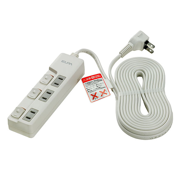 ランプレススイッチ付タップ 3個口 5m ホワイト