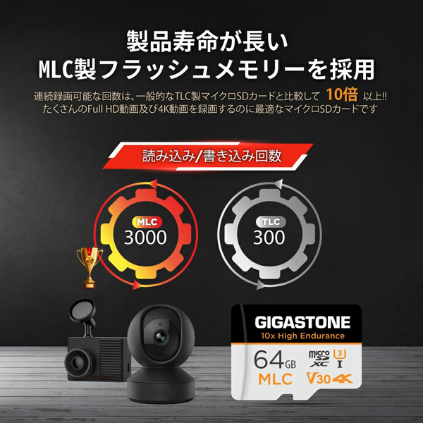 高耐久MLC マイクロSDカード 64GB SDXC U3 V30 クラス10 UHS-I 超高速 読込100MB/s 書込65MB/s 4K ドラレコ・監視カメラ・カーナビ