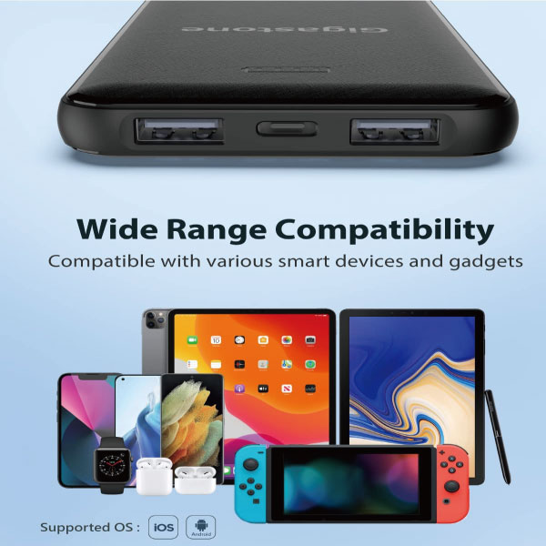 Gigastone 10000mAh モバイルバッテリー 2.4A急速充電 USB2ポート出力 Type-C入力 2台同時充電 残量表示 Android iPhone iPad 多様なデバイスに対応 PSE認証 ブラック