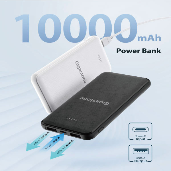 Gigastone 10000mAh モバイルバッテリー 2.4A急速充電 USB2ポート出力 Type-C入力 2台同時充電 残量表示 Android iPhone iPad 多様なデバイスに対応 PSE認証 ホワイト