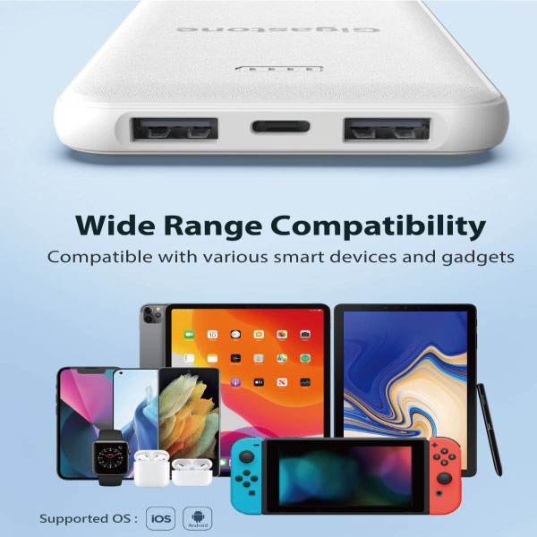 Gigastone 10000mAh モバイルバッテリー 2.4A急速充電 USB2ポート出力 Type-C入力 2台同時充電 残量表示 Android iPhone iPad 多様なデバイスに対応 PSE認証 ホワイト