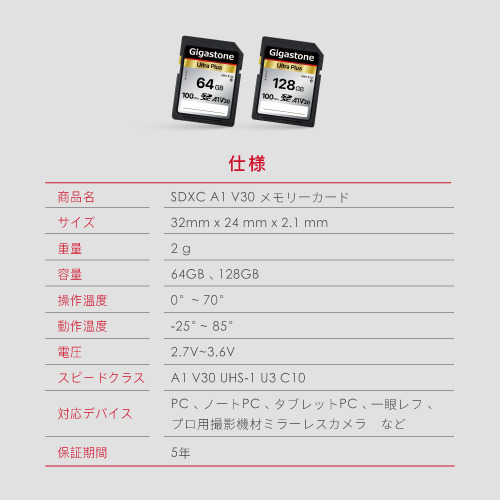 SDXCカード 64GB Class10 UHS-I U1 A1 V30スペック 最大読み取り速度100MB/s 4K & Full HDカメラ パソコン 写真 動画データ保存