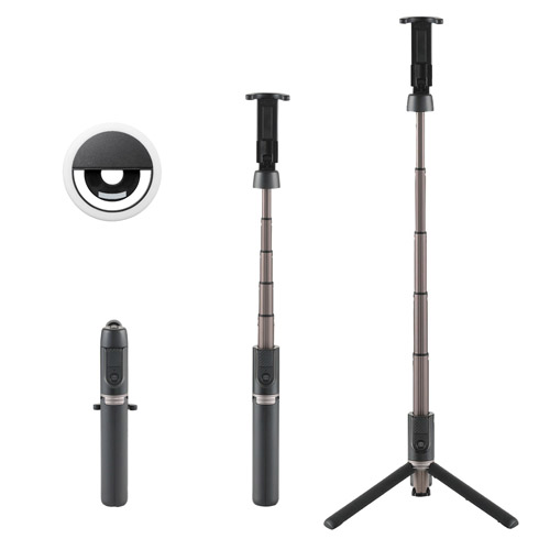 三脚付Bluetooth自撮り棒 セルフィースタンドLEDリングライトセット ブラック