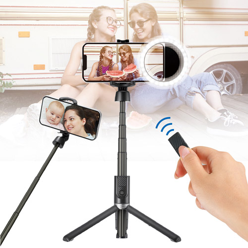 三脚付Bluetooth自撮り棒 セルフィースタンドLEDリングライトセット ブラック