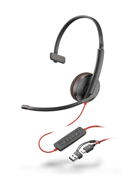Poly Blackwire 3210 USB-C +USB-A 変換アダプタ付 片耳 有線モデル ノイズキャンセリングマイク搭載