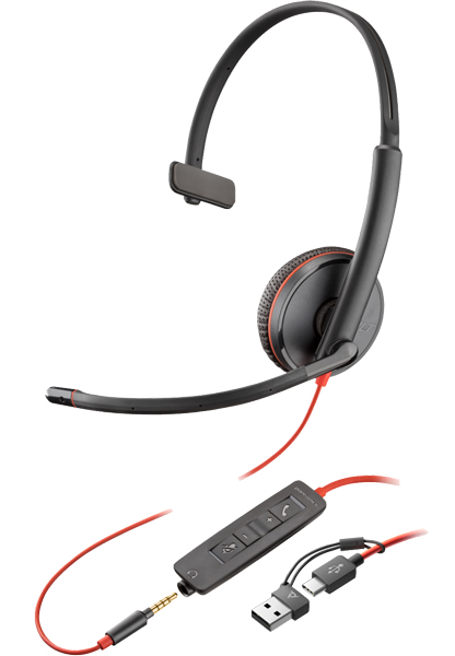 Poly Blackwire 3215 USB-C +USB-A 変換アダプタ付 片耳 有線モデル ノイズキャンセリングマイク搭載 レザレットイヤークッション 3.5mmジャック対応