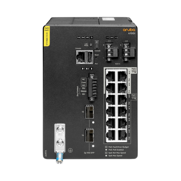 HPE Aruba Networking CX 4100i 12G (8 Class4 PoE and 4 Class6 PoE) 2SFP+ DIN Mount Switch