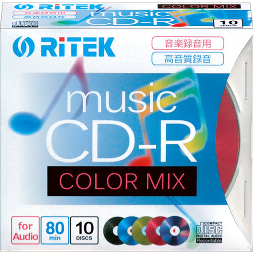 RiTEK 音楽用CD-R 80分 10枚パックカラーミックス スリムケース入り