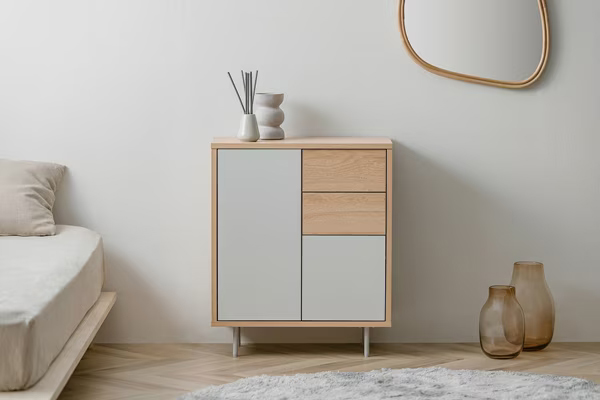 リビングキャビネット 金属脚付き ナチュラル/グレー