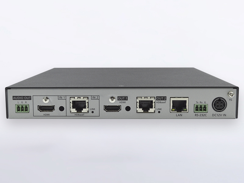 4K60、HDCP2.2対応2入力2分配出力ツイストペアケーブル延長器