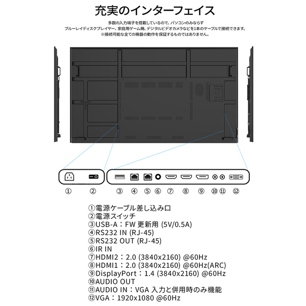 98型/3840×2160/HDMI×2、DP×1、VGA×1/ブラック/スピーカー有/5年保証