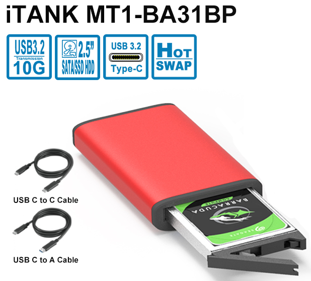 1 Bay USB3.2 Gen2 Type-C External Storage interface Selectable powered by USB Bus-power or DC input Disk hot-swappable with both C-C & C-A two USB cable (Red)