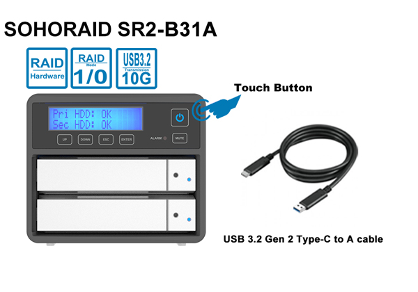 外付 2 Bay USB3.2 Type-C External Storage with USB C-A cable (Silver)