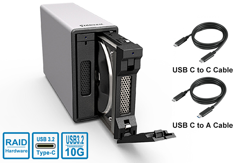 2 Bay USB3.2 External Storage with USB C-A cable & C-C cable (Silver)