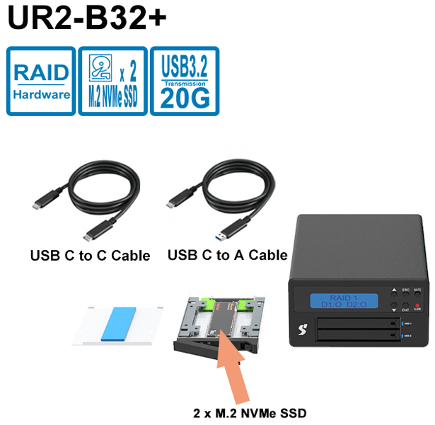 2 Bay M.2 NVMe SSD 外付RAID LCD付