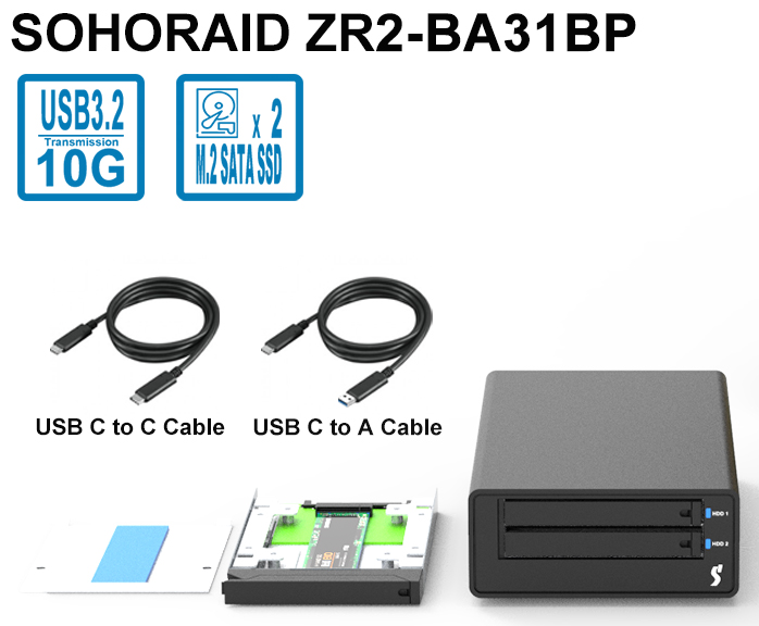 2 Bay USB3.2 Gen2 Type-C Storage interface Support M.2 SATA SSD with USB C - C cable