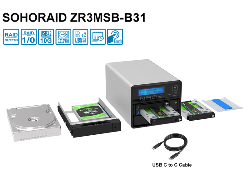 3 Bay USB3.2 Type-C Storage for 2 x M.2 SATA Drive + 1 x 2.5 HDD/SSD