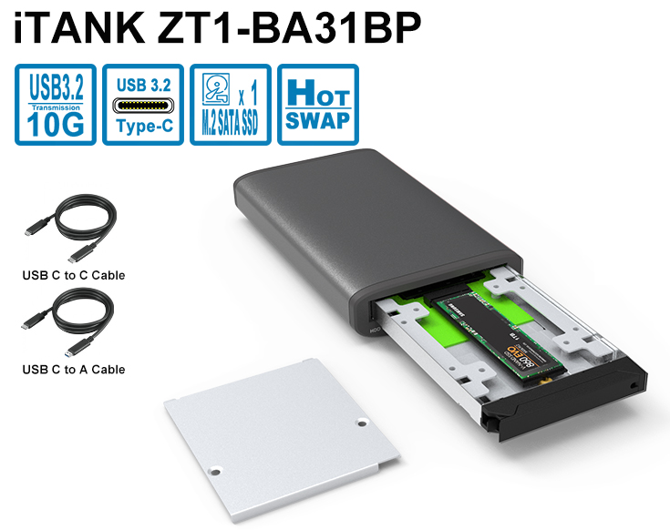 1 Bay USB3.2 Gen2 Type-C Storage Black interface Support M.2 SATA SSD with USB C - C & C-A cable