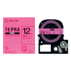 「テプラ」PROテープカートリッジ カラーラベル（蛍光色） ピンク/黒文字 12mm