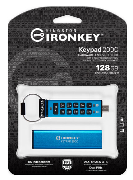 128GB USB Type-C IronKey Keypad 200C FIPS 140-3 Lvl 3 AES-256