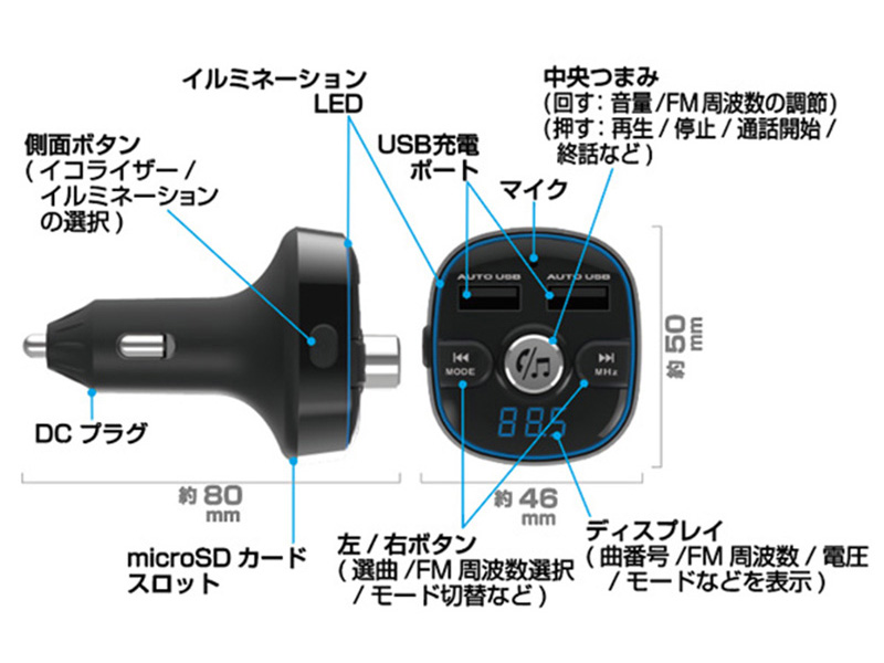 Bluetooth FMトランスミッター フルバンド USB2ポート 4.8A 自動判定 ブラック