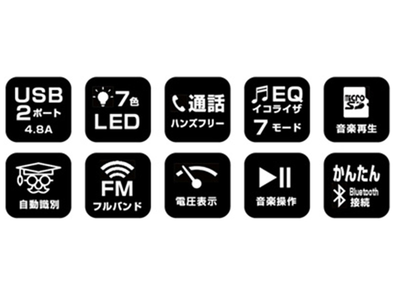 Bluetooth FMトランスミッター フルバンド USB2ポート 4.8A 自動判定 ブラック