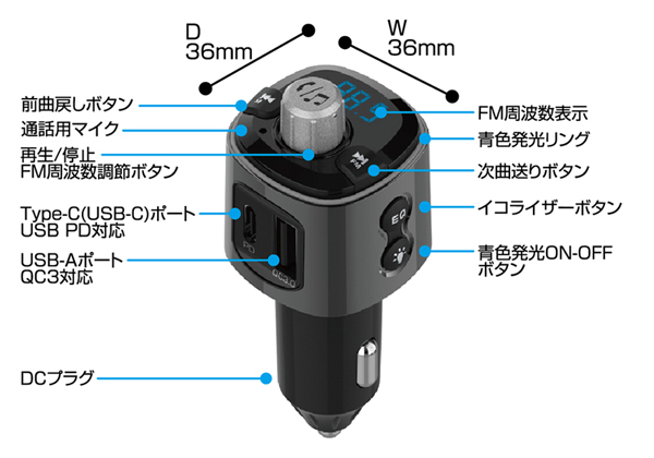 Bluetooth FMトランスミッター フルバンド USB2ポート 自動判定