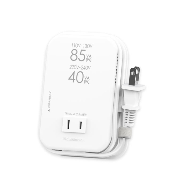 海外用変圧器 薄型2口 USB-A+C PD20W 110-130V/85VA 220-240V/40VA