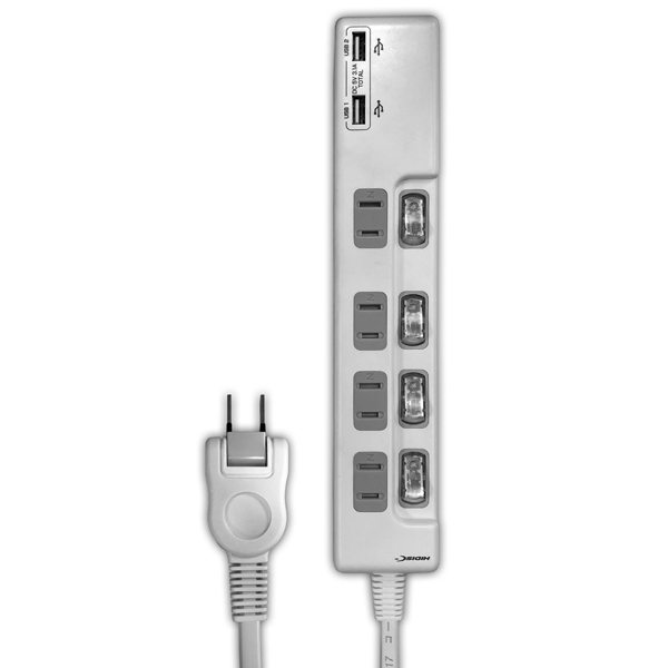 OAタップ 4個口 USB2ポート付 1.5m ホワイト 個別スイッチ