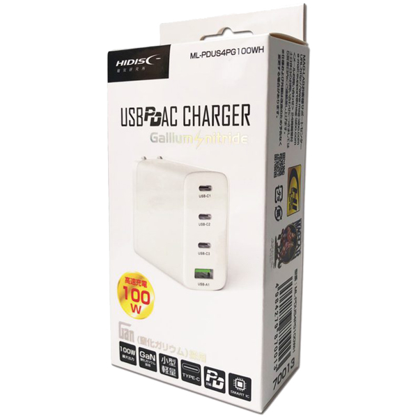 AC-USB充電器 4ポート(USB x1、Type-C x3) PD対応 100W ホワイト