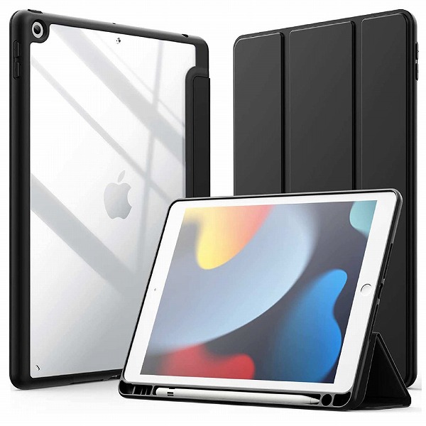 iPad 10.2（第9・8・7世代）対応 耐衝撃フラップケース ブラック（背面クリア）